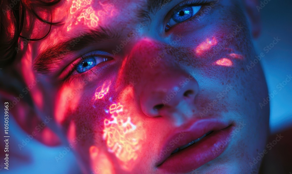 Close-up portrait of young man with neon light reflections Close-up portrait of young man with neon light reflections