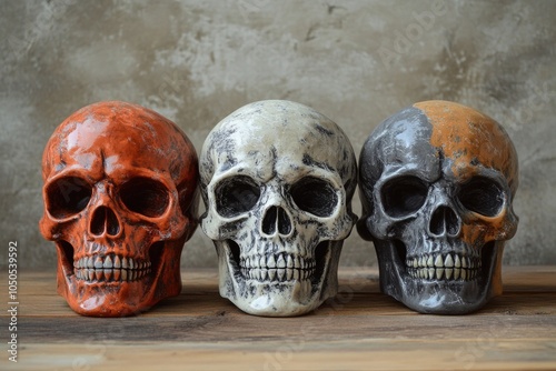 Three human skulls sit on a wooden table, great for Halloween or horror-themed scenes