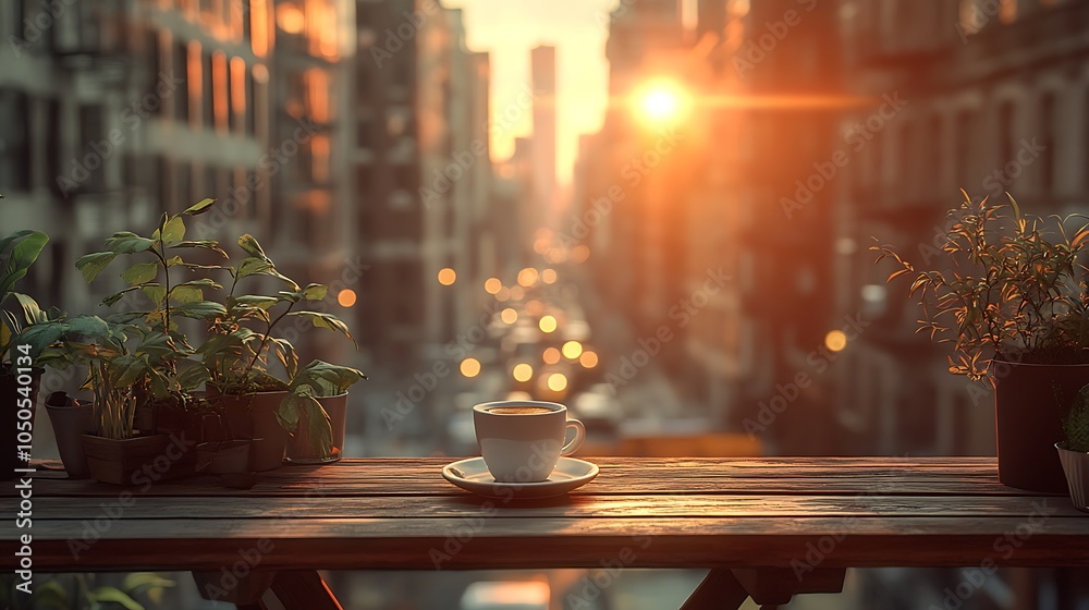A high-rise terrace with a rustic wooden table and an espresso cup, with a view of a busy city street below. The scene features the soft light of the setting sun and the energy of the bustling city, A high-rise terrace with a rustic wooden table and an espresso cup, with a view of a busy city street below. The scene features the soft light of the setting sun and the energy of the bustling city,