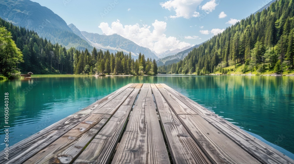 A serene mountain lake surrounded by pine forests with a wooden dock extending into the calm waters, peaceful setting with alpine tranquility, Mountain Lake style A serene mountain lake surrounded by pine forests with a wooden dock extending into the calm waters, peaceful setting with alpine tranquility, Mountain Lake style