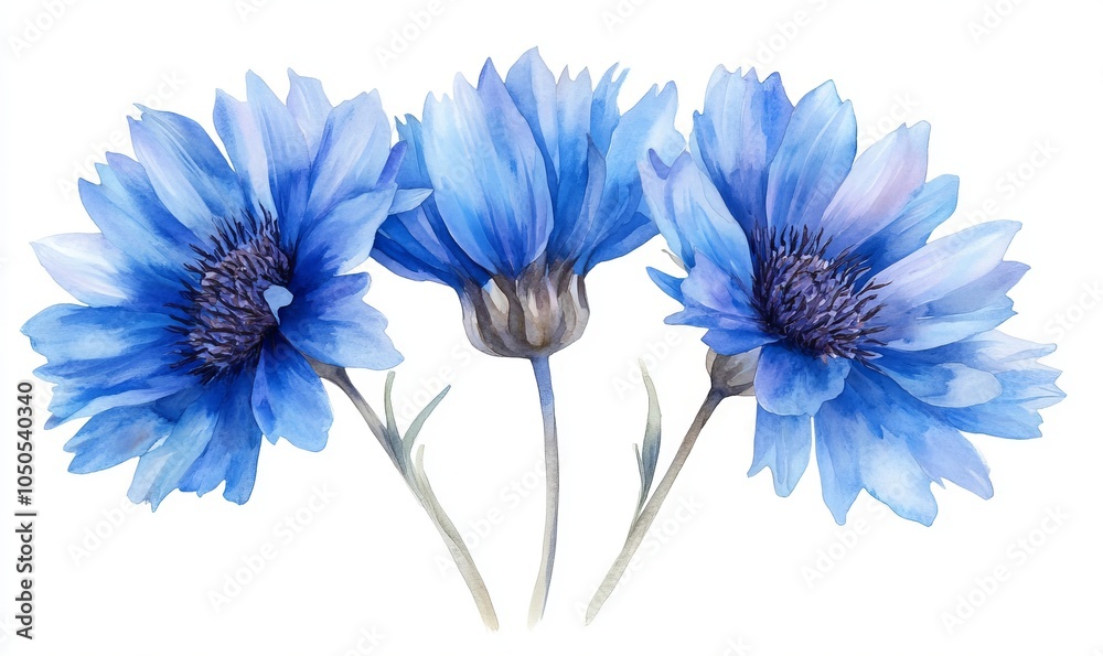 Obraz premium Vibrant Watercolour Illustration of Three Blue Cornflower Knapweed Flowers on White Background - Spring Floral Blooming Concept, Generative AI