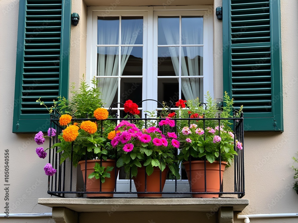 A small balcony outside a window decorated with vibrant and colourful flowers of red, pink and yellow A small balcony outside a window decorated with vibrant and colourful flowers of red, pink and yellow
