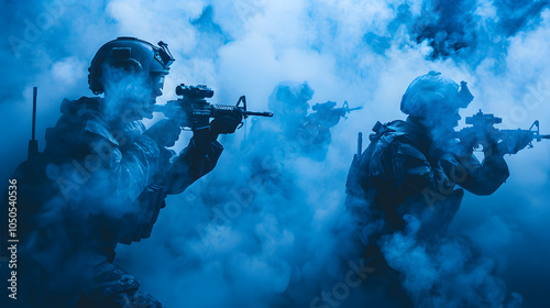 a group of soldiers are in a smoke filled room, with one of them holding a gun. laser tag arena scene isolated on white background, space for captions, png photo