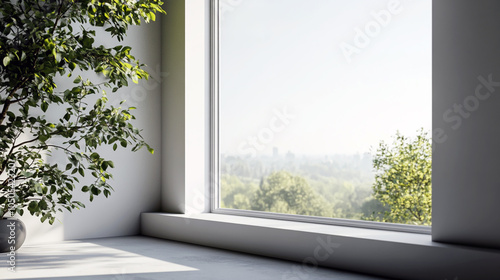 Bright White Window Frame with Ledge Lokkout to the Nature Outside - Close-Up of a Green Indoor Plant - Fresh, Natural Room Ambiance photo