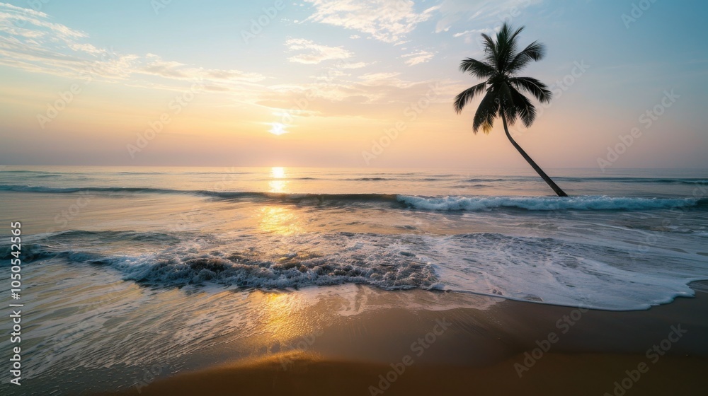 A serene sunrise over a tranquil beach with gentle waves and a lone palm tree, tropical setting with soft morning light, Peaceful style A serene sunrise over a tranquil beach with gentle waves and a lone palm tree, tropical setting with soft morning light, Peaceful style