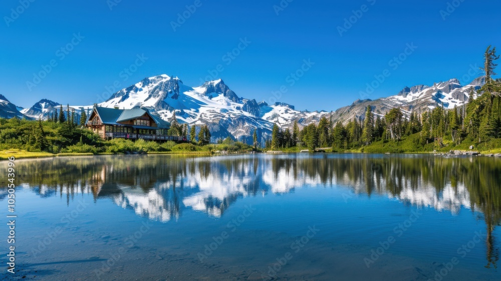 A serene view of a mountain lodge overlooking a pristine alpine lake with snow-capped peaks in the distance and a clear, blue sky, peaceful setting with cool A serene view of a mountain lodge overlooking a pristine alpine lake with snow-capped peaks in the distance and a clear, blue sky, peaceful setting with cool