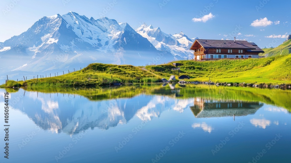 Naklejka premium A serene view of a mountain lodge overlooking a pristine alpine lake with snow-capped peaks in the distance and a clear, blue sky, peaceful setting with cool