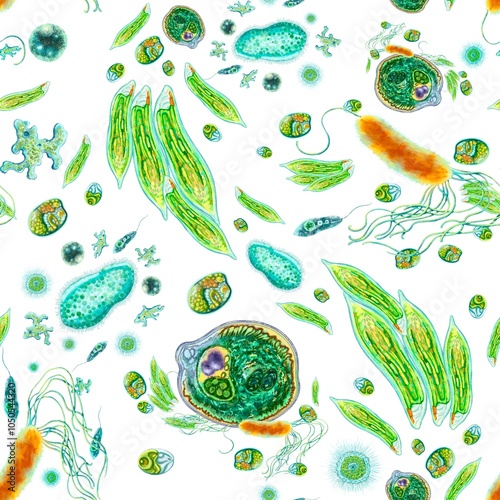 Bacteria under the microscope. Seamless pattern of color illustration of microbiome. Single-celled organisms for printing on fabric for bed linen, curtains, clothes. For wallpaper, background, textile photo