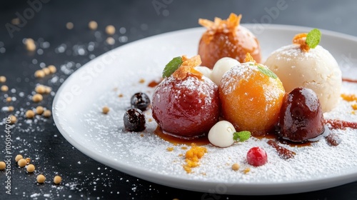 Three Delicious Gulab Jamun on a White Plate photo