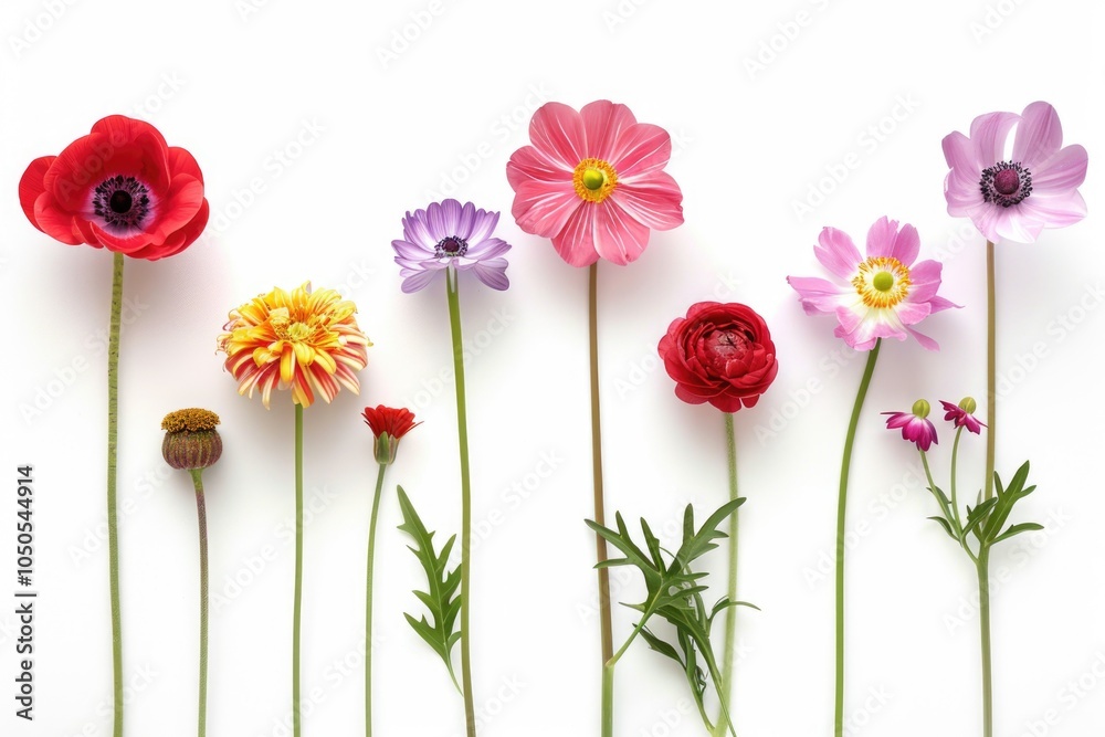 A variety of colorful flowers arranged on a clean white surface A variety of colorful flowers arranged on a clean white surface