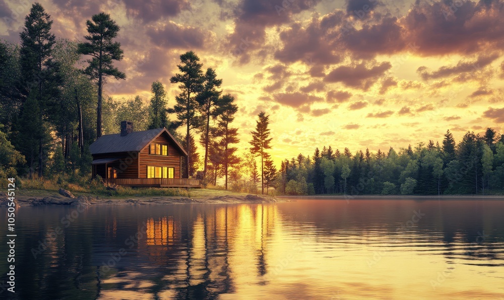 Fototapeta premium Serene lakeside cabin among pine trees at sunset. Generative AI image