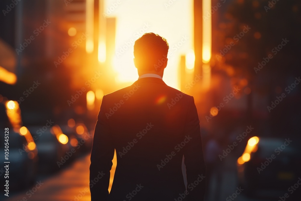 A man in a suit walking down a street as the sun sets behind him, offering a warm and inviting atmosphere A man in a suit walking down a street as the sun sets behind him, offering a warm and inviting atmosphere