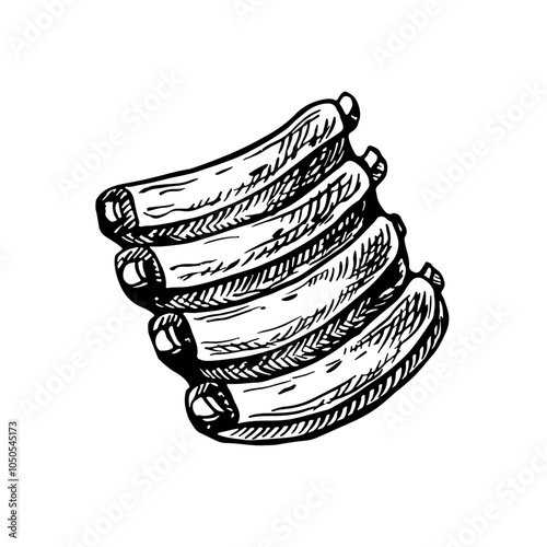 Meat ribs for cooking. Vector graphics depicting a barbecue meat tenderloin with rib bones. A hand-drawn black and white illustration of the dish. For a menu, poster or label. For cooking recipes.