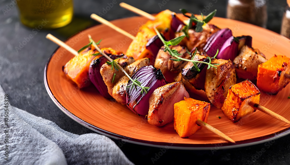 skewers, with, pumpkin, chicken, meat, pieces, turkey, food, vegetable, thanksgiving, on, meal, dinner, new, grilled, dish, cuisine, photo, macro, on, orange, plate, appetizer, 3d, ad, vibrant, glow, skewers, with, pumpkin, chicken, meat, pieces, turkey, food, vegetable, thanksgiving, on, meal, dinner, new, grilled, dish, cuisine, photo, macro, on, orange, plate, appetizer, 3d, ad, vibrant, glow,