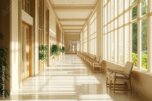 A long hallway with rows of chairs and numerous windows, ideal for use in institutional or educational settings