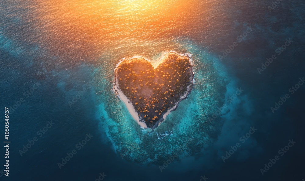 Fototapeta premium Caribbean Island in the Shape of a Love Heart. Sunset Aerial View, Travel Concept. Generative AI.