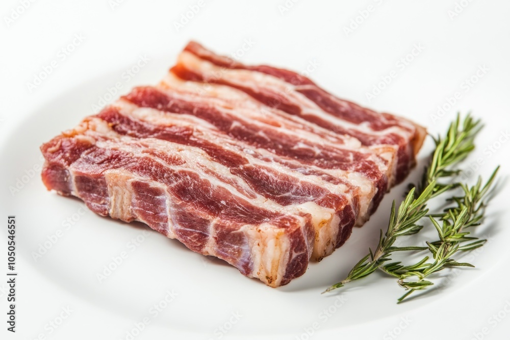 A slice of bacon served on a plate garnished with fresh rosemary, perfect for breakfast or as a snack A slice of bacon served on a plate garnished with fresh rosemary, perfect for breakfast or as a snack