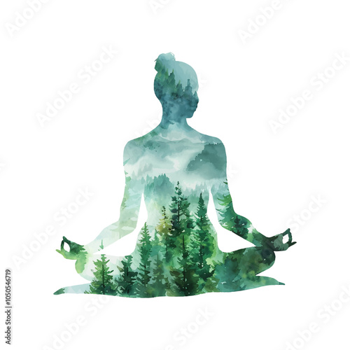 yoga silhouette with forest scene inside vector illustration in watercolor style