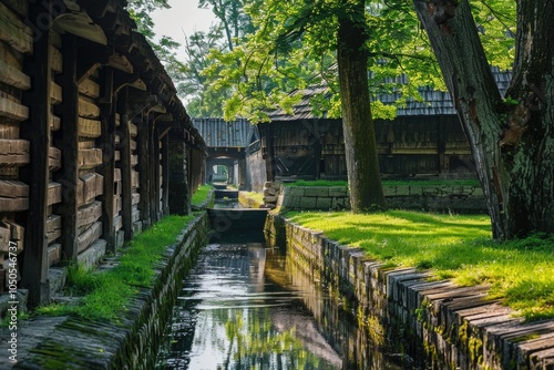 A serene small canal surrounded by lush greenery in a peaceful park