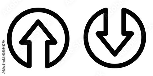 Vector icon showing upward and downward arrows within circles, symbolizing upload, download, or transfer actions. Suitable for technology themes. Editable stroke.