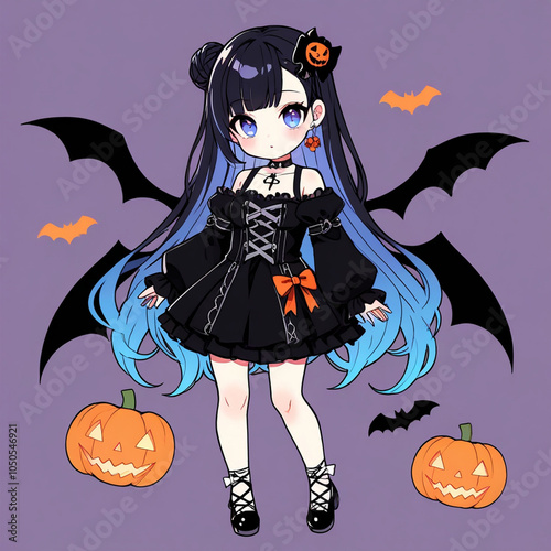 Cute chibi anime girl with halloween elements