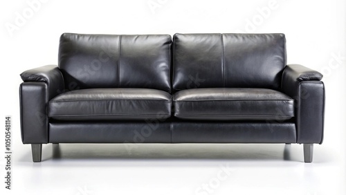 Modern black leather sofa on white background.