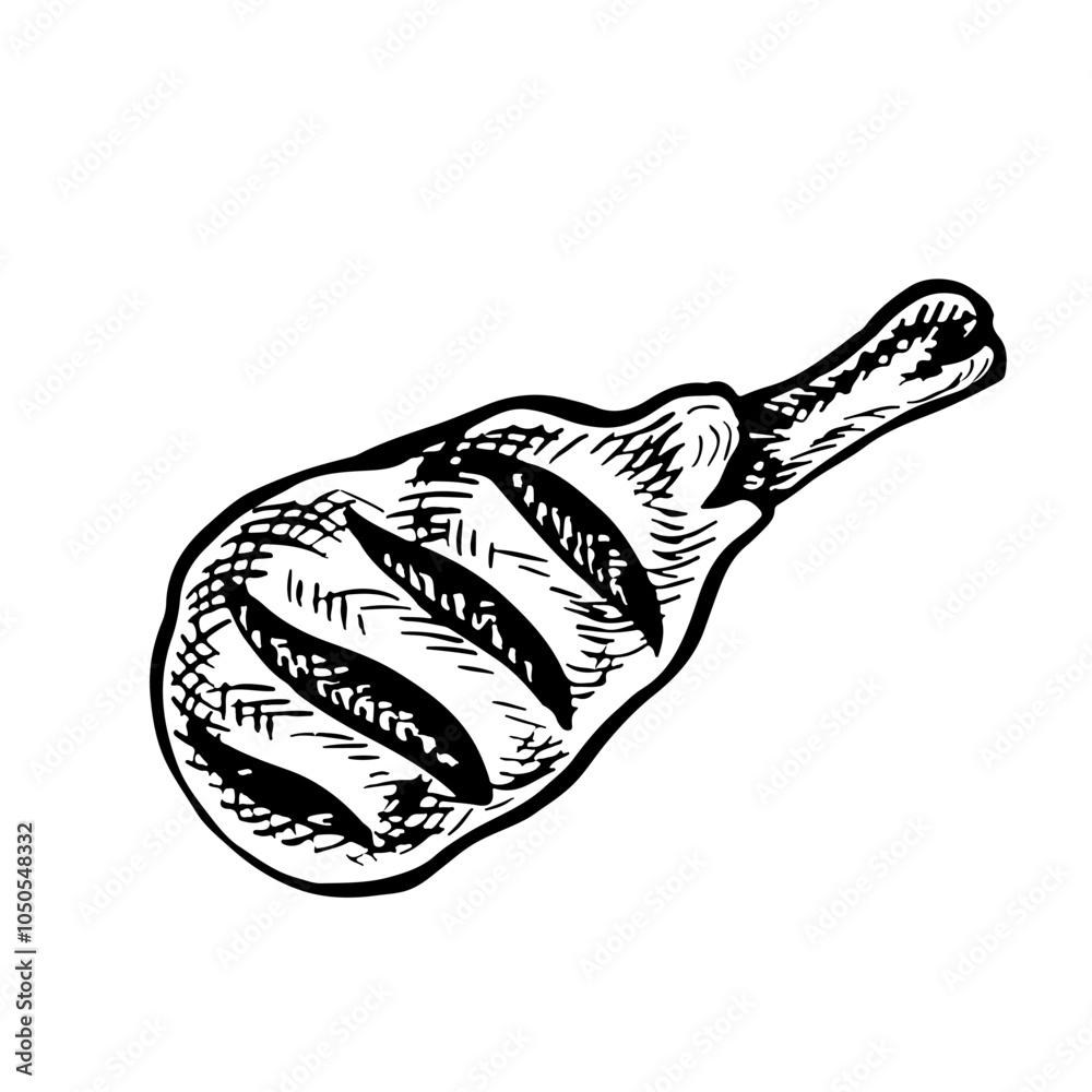 Grilled chicken leg. Vector graphics with the image of a chicken leg cooked on a barbecue. A hand-drawn black and white illustration of the dish. For a menu, poster, or label. For cooking recipes. Grilled chicken leg. Vector graphics with the image of a chicken leg cooked on a barbecue. A hand-drawn black and white illustration of the dish. For a menu, poster, or label. For cooking recipes.