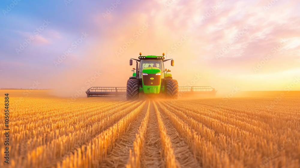 Fototapeta premium Tractor plowing golden wheat fields at sunset in a rural landsca