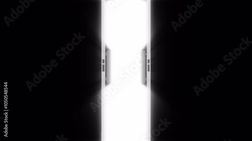 double doors open and camera zoom in to bright light rays appears. dark room light through the door. animation footage video isolated on black background.