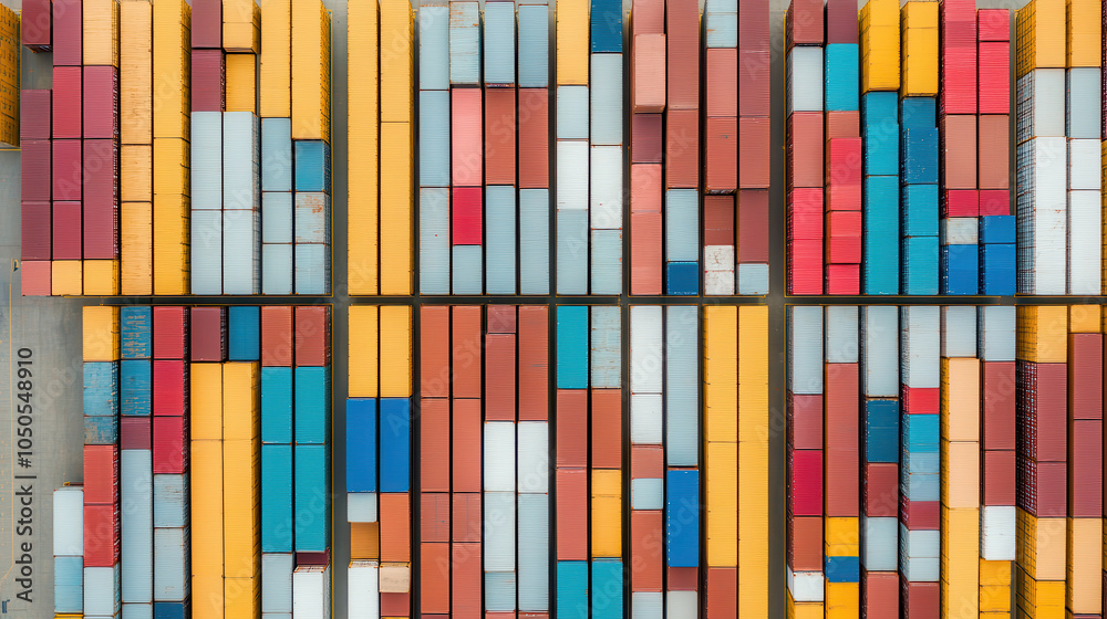 Aerial view of colorful shipping containers stacked in rows, showcasing vibrant patterns Aerial view of colorful shipping containers stacked in rows, showcasing vibrant patterns