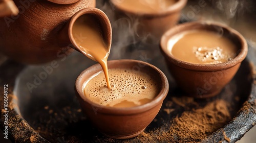 Clay cups with steaming Indian chai served
