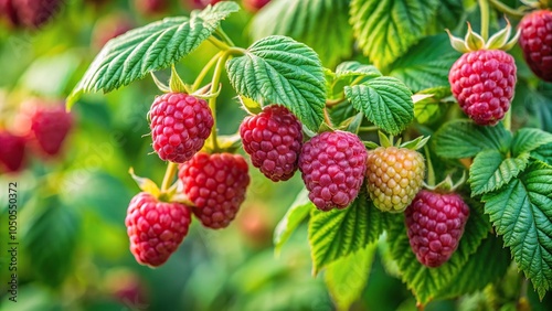 Natural background with fresh green garden raspberries on a branch aerial view