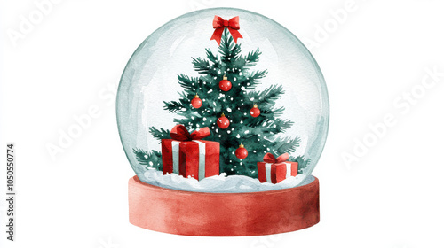 beautiful Christmas tree snow globe with wrapped presents at base, evoking holiday cheer