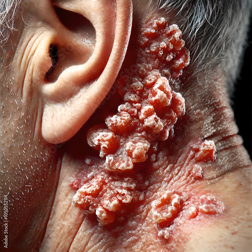 Squamous cell carcinoma (SCC) on a patient’s skin. show a rough, scaly patch or raised lesion, crusted over and sometimes ulcerated. Focus scaling, redness, and irregular thickness in affected area. photo