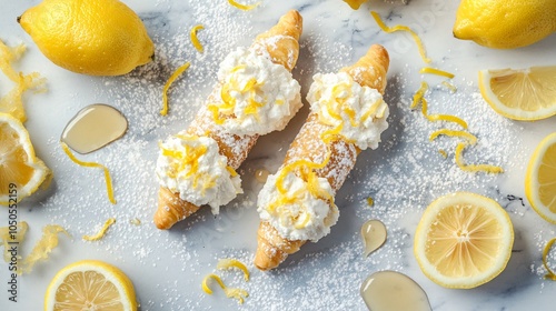 Cannoli filled with lemon ricotta and topped with lemon zest, isolated on a gray marble surface, surrounded by lemon slices, powdered sugar, and a drizzle of honey photo