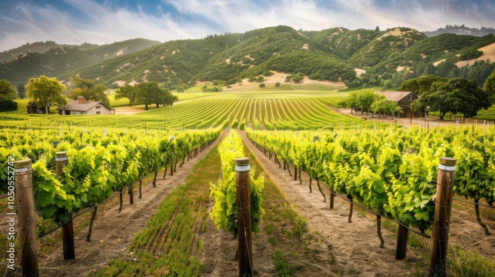 Fototapeta premium A serene view of the picturesque vineyards and rolling hills of the Napa Valley with wine barrels and rustic farmhouses, rural setting with rich greens and warm browns, Napa Valley style