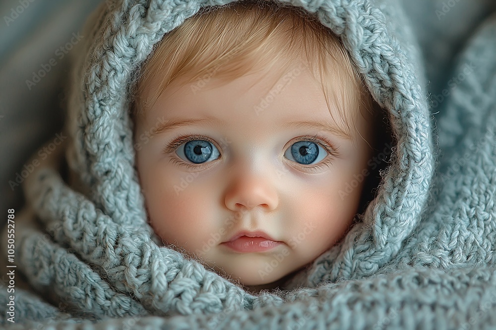 A beautiful baby wrapped in a plush blanket, peeking out with a calm and curious expression A beautiful baby wrapped in a plush blanket, peeking out with a calm and curious expression