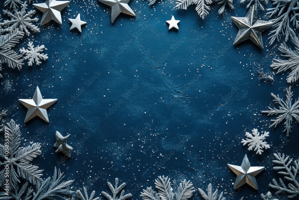 Christmas background with silver snowflakes, stars and fir branches framing a navy blue textured background with glitter Christmas background with silver snowflakes, stars and fir branches framing a navy blue textured background with glitter