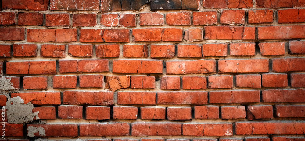 Obraz premium Panorama of red old brick wall. Detailed texture of aged masonry with broken bricks and peeling plaster. Urban, grunge, industrial, abstract backdrop. Pattern of loft interior or exterior background