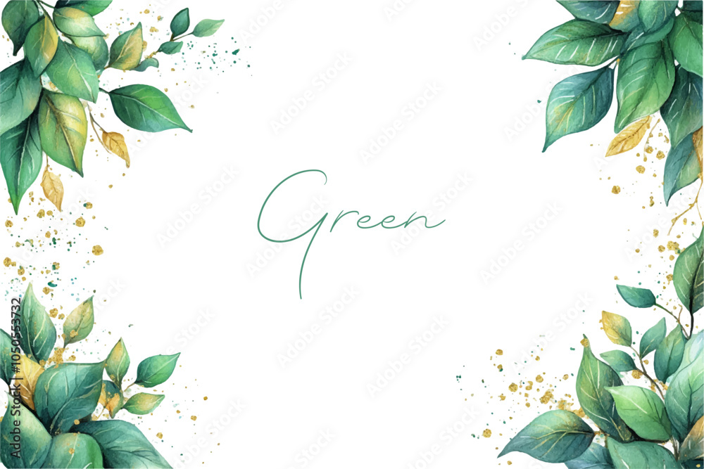 Watercolor banner with green and gold leaves. Botanical green leaves with gold watercolor elements. Banner with elements of watercolor botany. Vector illustration.