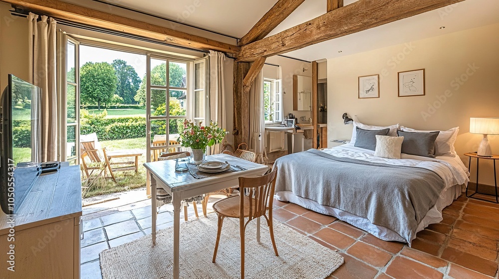 Airbnb style living room, with prepared table, big bed, convertible sofa, tv set and open window with view to sunny garden, clean and functional studio apartment in Normandy, generative ai Airbnb style living room, with prepared table, big bed, convertible sofa, tv set and open window with view to sunny garden, clean and functional studio apartment in Normandy, generative ai