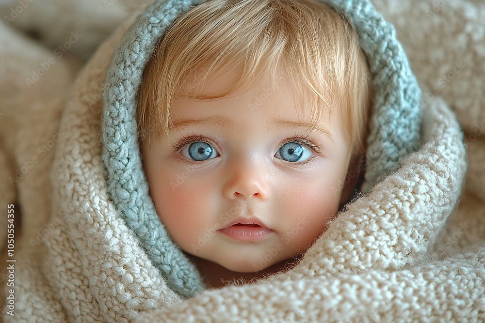 An adorable infant peeking from beneath a soft, pastel-colored blanket, with a curious look and gentle smile An adorable infant peeking from beneath a soft, pastel-colored blanket, with a curious look and gentle smile