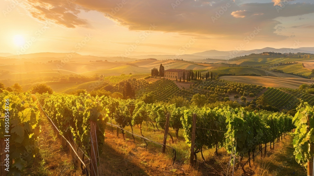 Fototapeta premium A serene view of the rolling hills and vineyards of Tuscany with traditional farmhouse architecture and lush grapevines under a golden sunset, rural setting with warm golds and greens, Tuscany style