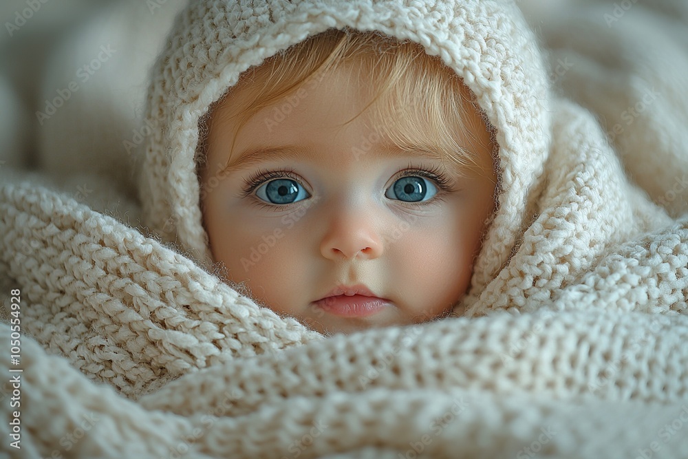 A beautiful baby nestled under a warm blanket, gazing out with bright eyes, creating a heartwarming scene A beautiful baby nestled under a warm blanket, gazing out with bright eyes, creating a heartwarming scene