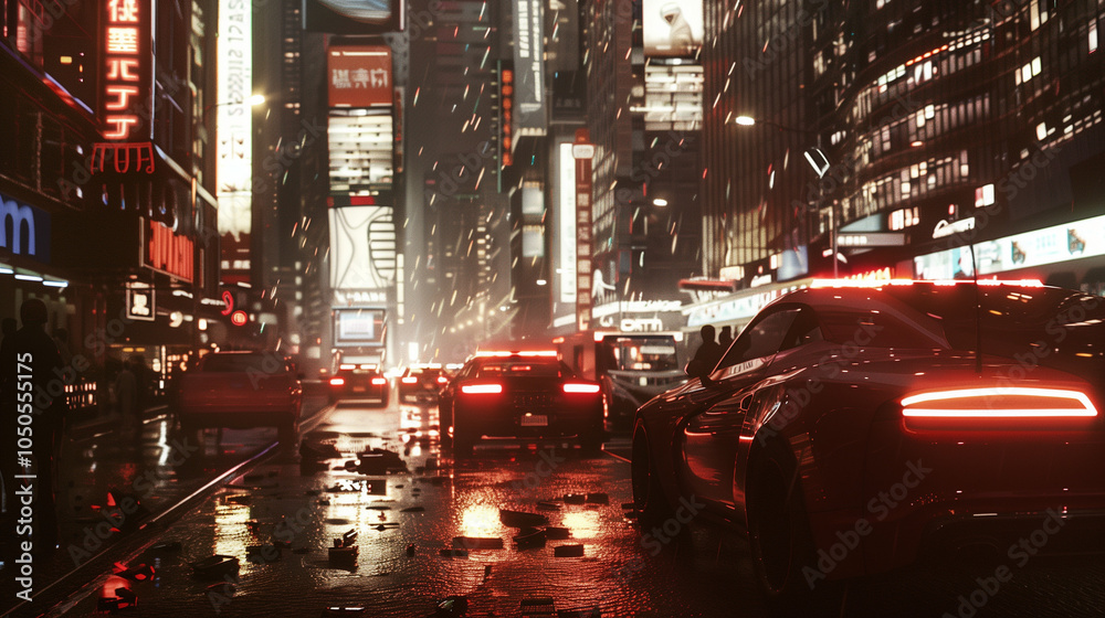 Fototapeta premium Futuristic city at night with sleek cars driving through neon-lit streets, showcasing cyberpunk vibes