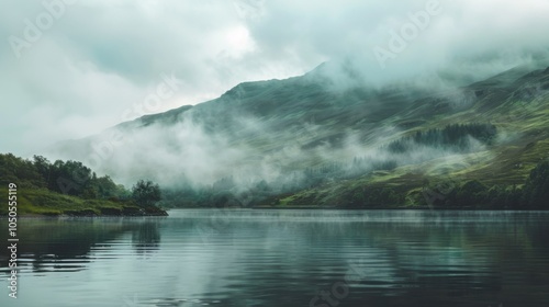 A serene view of the Scottish Highlands with a mist-covered loch and rolling green hills, highland setting with ethereal beauty, Ethereal style