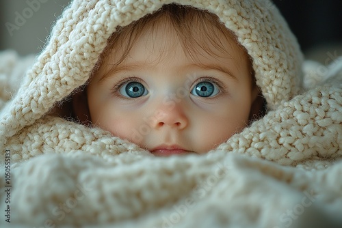 A sweet baby peering out from a fluffy blanket, showcasing pure curiosity and the gentle comfort of a soft surrounding photo