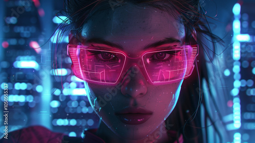 Close-up of a futuristic woman wearing neon glasses, with a cyberpunk cityscape backdrop photo