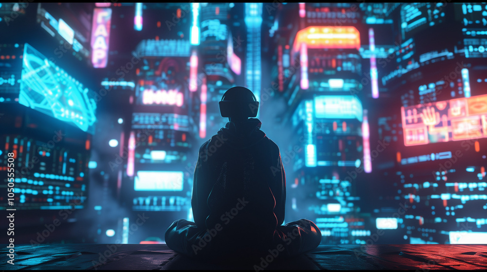 Silhouetted figure in a futuristic neon-lit cityscape, sitting with virtual reality headset amidst vibrant digital screens Silhouetted figure in a futuristic neon-lit cityscape, sitting with virtual reality headset amidst vibrant digital screens
