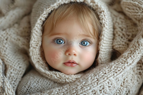 An adorable baby looking up from under a cozy blanket, with a soft, warm expression and wide, bright eyes